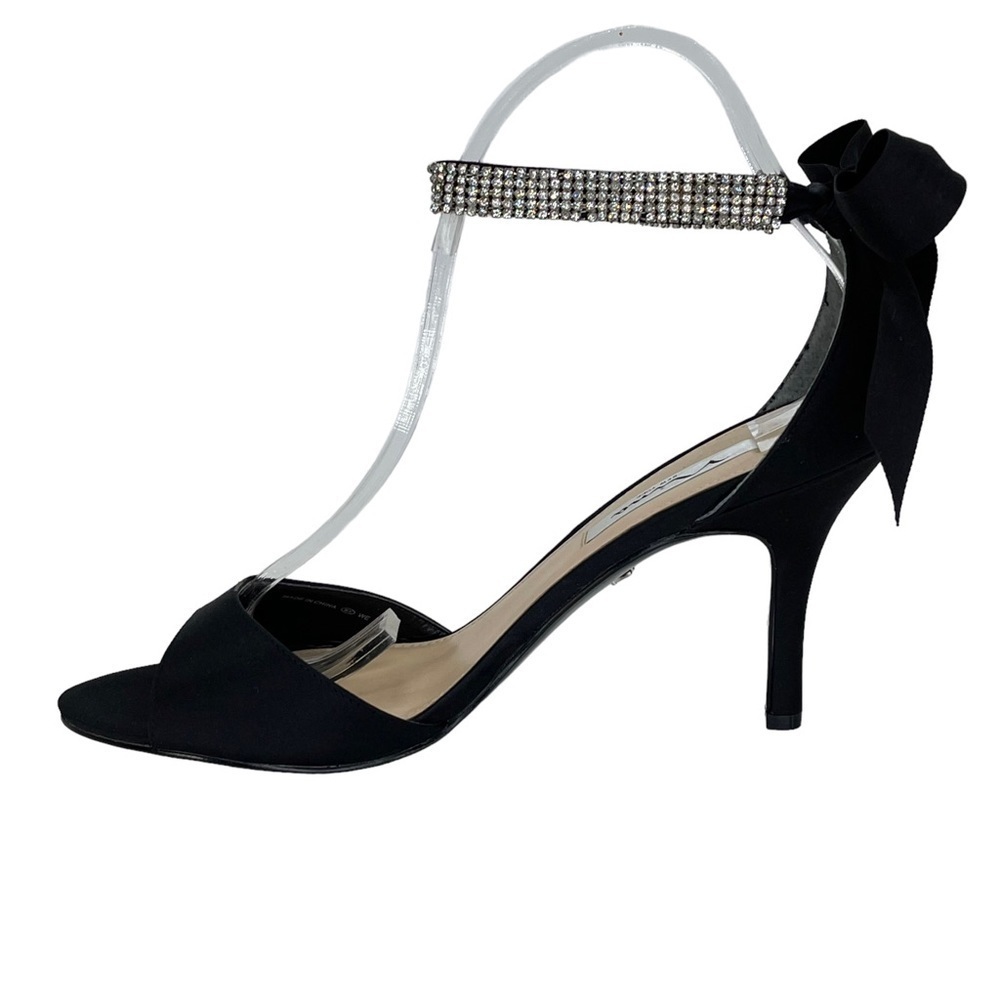 Nina Vinnie Black Satin Womens Heels 10M Rhinestone Ankle Strap - Picture 4 of 11